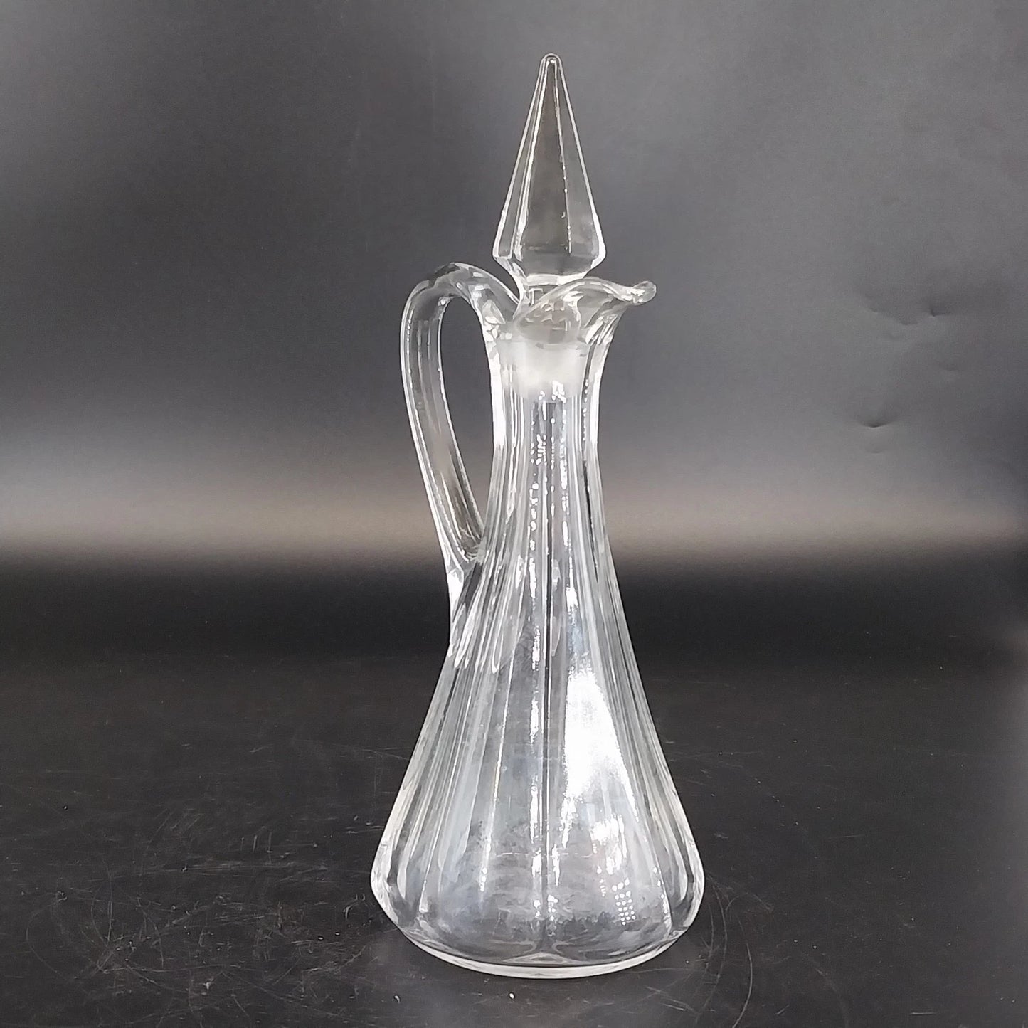 Etched Cut Clear Glass Cruet Multi Faceted Stopper Clear Glass Antique