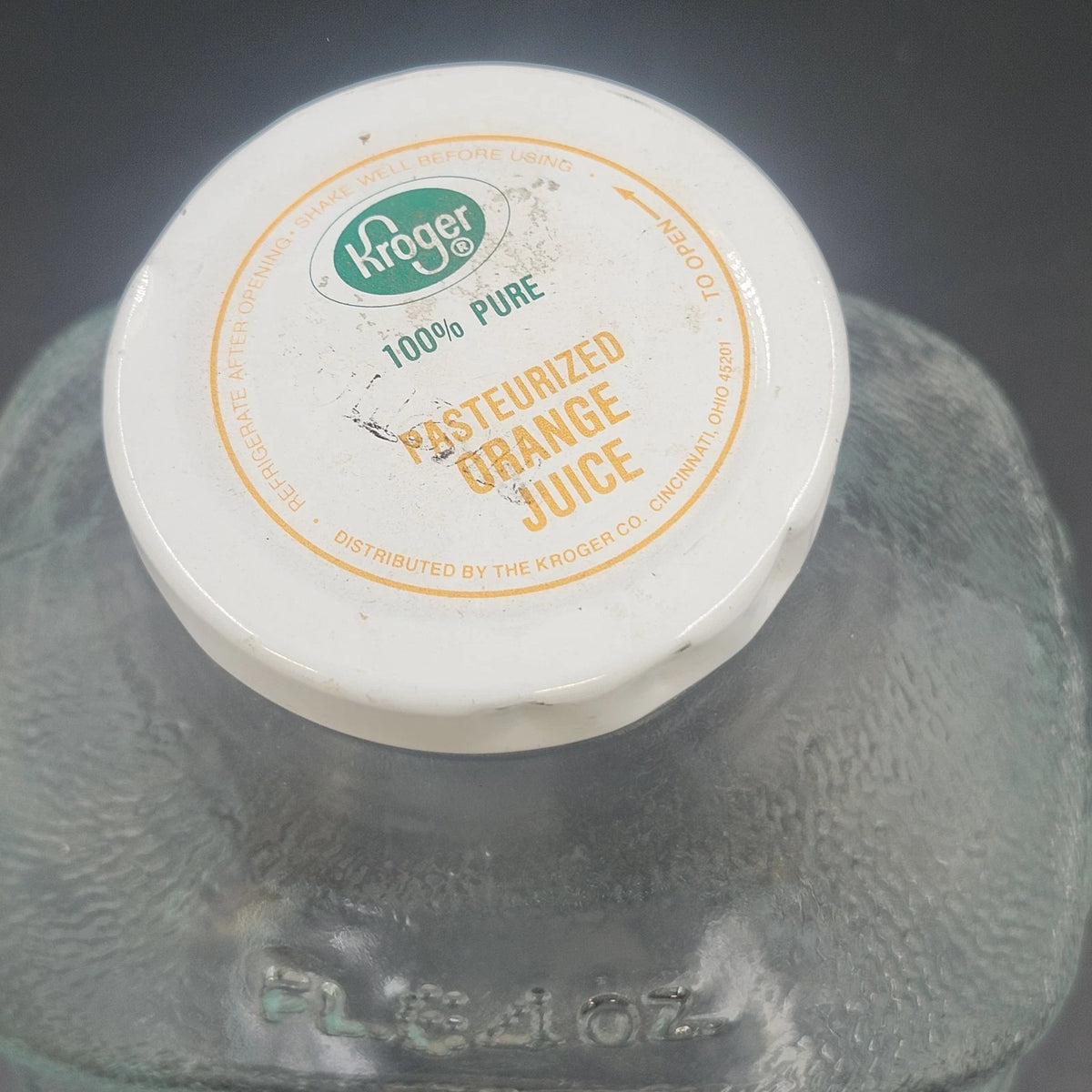 Kroger Orange Juice 64 Oz Empty Glass Bottle ACL Label Original Cap 2 Quart Vtg