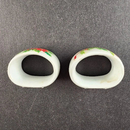 4 Christmas Napkin Rings Set Poinsettia & Holly Handcrafted Porcelain NOS