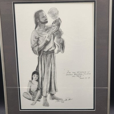 Jesus with Children Framed Wall Art Picture Matted 16x20 Scripture Matthew 19:14