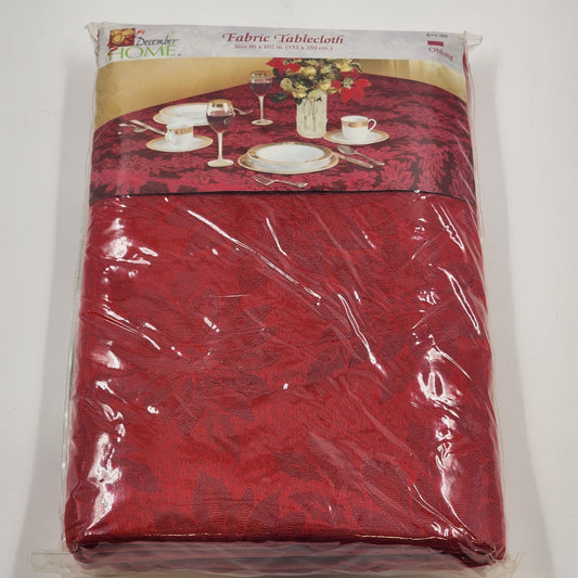 December Home Fabric Tablecloth Oblong Red Damask Poinsettia Motif 60"x102" NEW