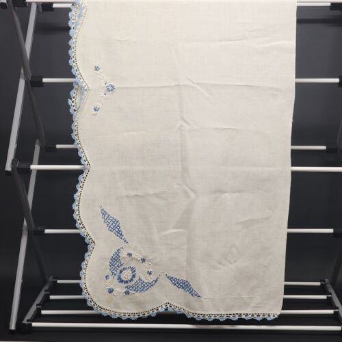 White Blue Hand Embroidered Linen Table Runner Vintage Minor Stain Pictured 40"