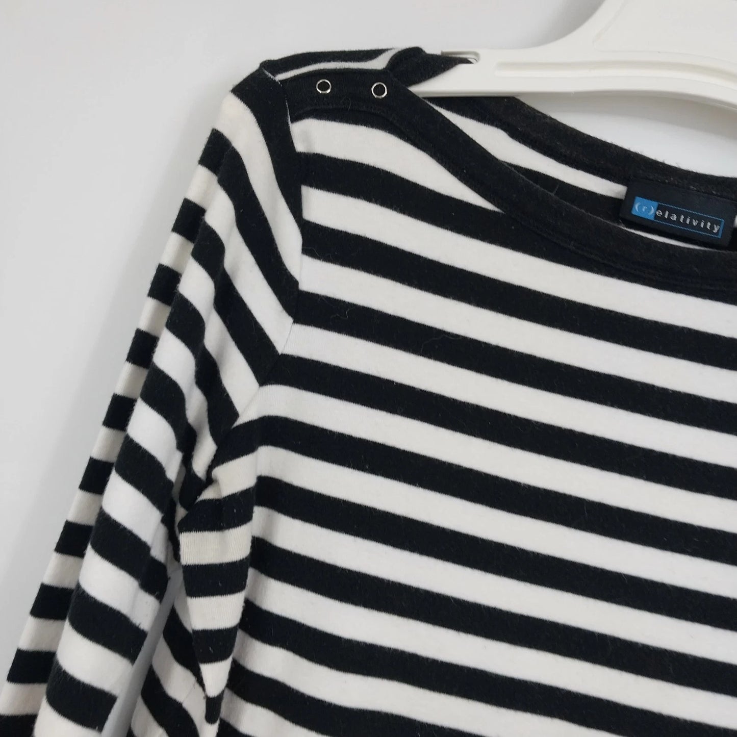 Relativity Black White Striped Boat Neck Top L 3/4 Sleeve Button Shoulder Womens
