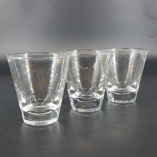 Vintage Libbey Granada shot glasses with gold starburst atomic design
