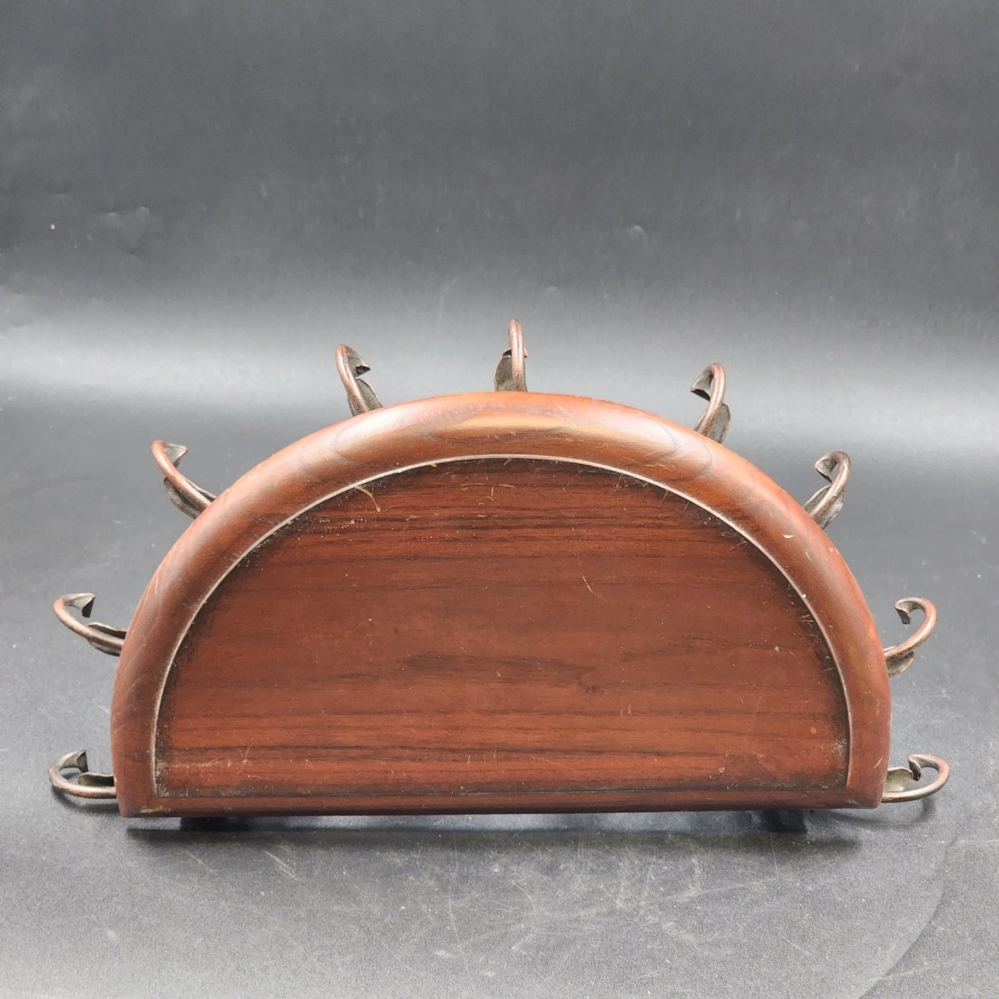 Half-Round Floating Wall Shelf Dark Wood Top Ornamental Metal Support 16.5"