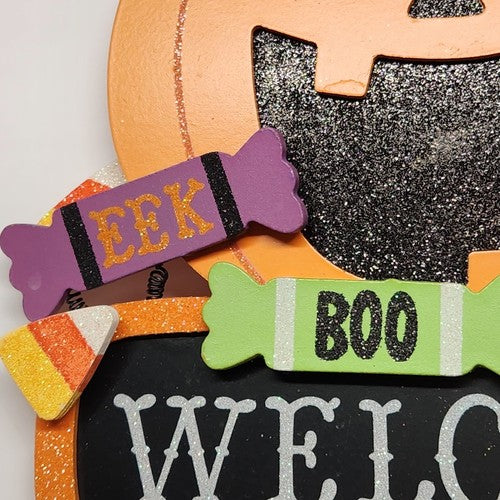 Halloween Pumpkin Welcome Sign Wall Decor Glitter Candy Indoor Outdoor 10.5"x10"