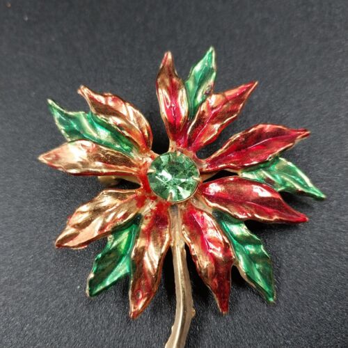 Poinsettia Gold Tone Brooch Pin Enamel Leaves Green Glass Stone Center