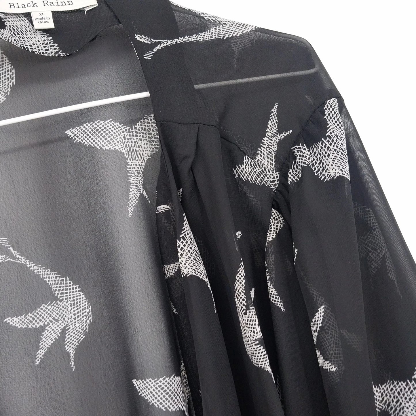 Black Rainn Sheer Kimono Cardigan Women's XL Bird Print Open Front Black White
