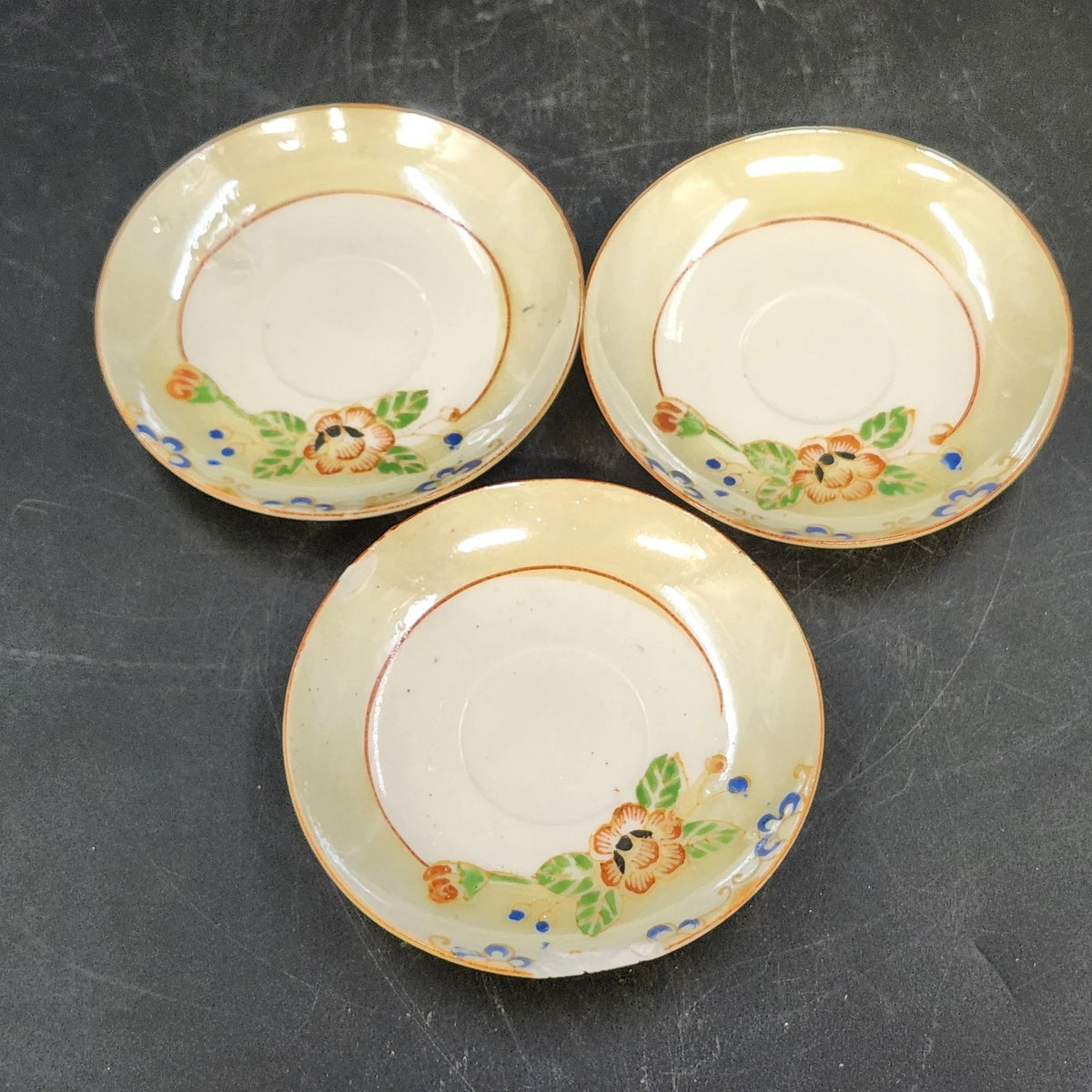 Japan Porcelain Demitasse Saucers Hand Painted Floral Orange Trim 3.25" 3pc Vtg