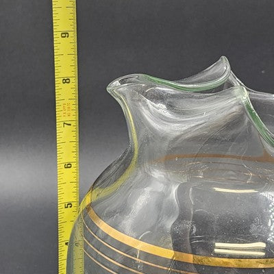 Round Bubble Shape Clear Glass Pitcher with 3 Gold Stripes & Ice Lip 8.5” 1950's