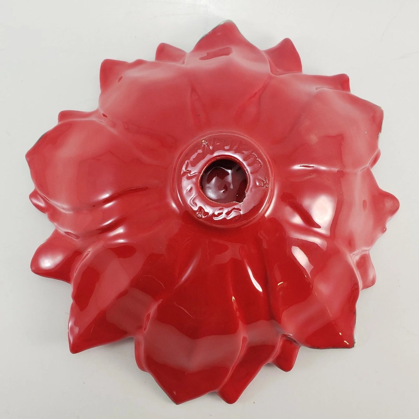 Poinsettia Candy Dish Atlantic Mold Red Green 8" Christmas 1960s Signed Vintage