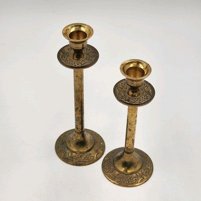Set of 2 Solid Brass Candlestick Holders 7" & 8" Tall Vintage India Round Base