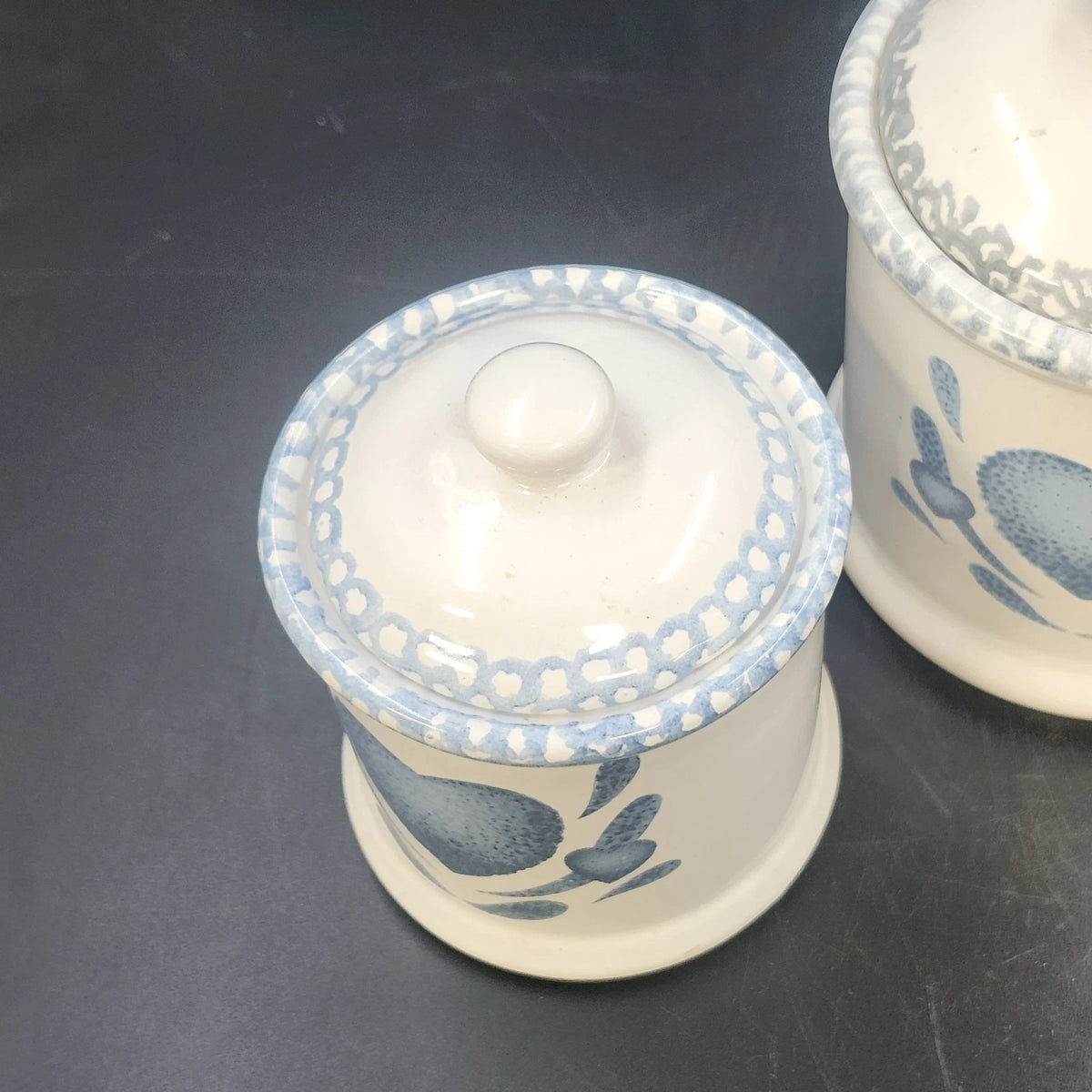Blue Heart Canister Set 3 Lidded Ceramic Stoneware Farmhouse Kitchen Jars 1980s