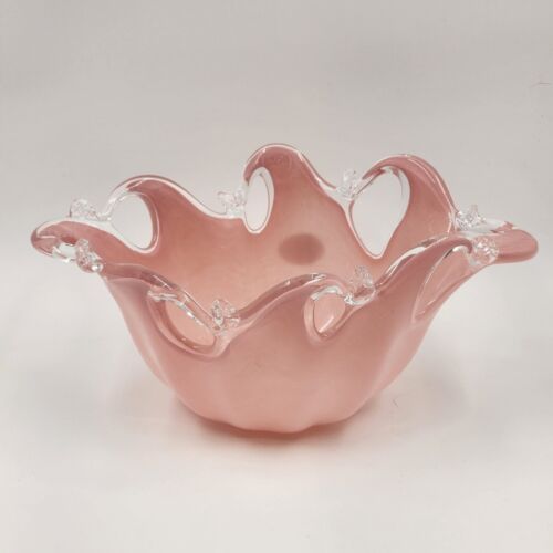 Murano Glass White Crystal Pink Bowl Handmade Italy Italian Blown Glass Oblong