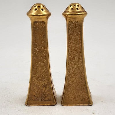 Stouffer Germany Metal Gold Daisy Table Salt & Pepper Shaker 4.5" Corked Antique
