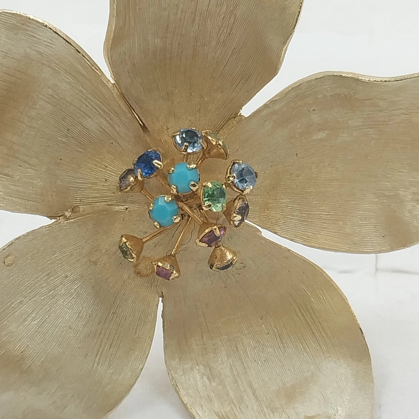 Kramer Gold Tone Flower Brooch Brushed Satin Multicolor Rhinestones Floral Pin
