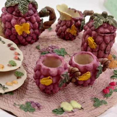 Wong's Polyresin Miniature Tea Set Grapes Fruit Teapot Teacup Collectible 5.5"