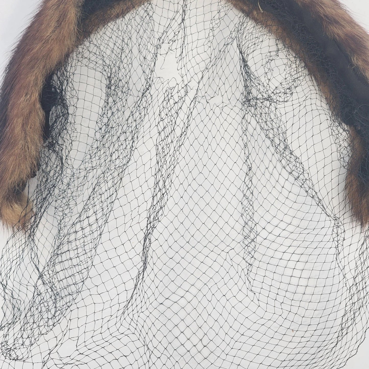 Mink Fur Pillbox Fascinator Net Veil Brown MCM Head Band Head Piece Vintage