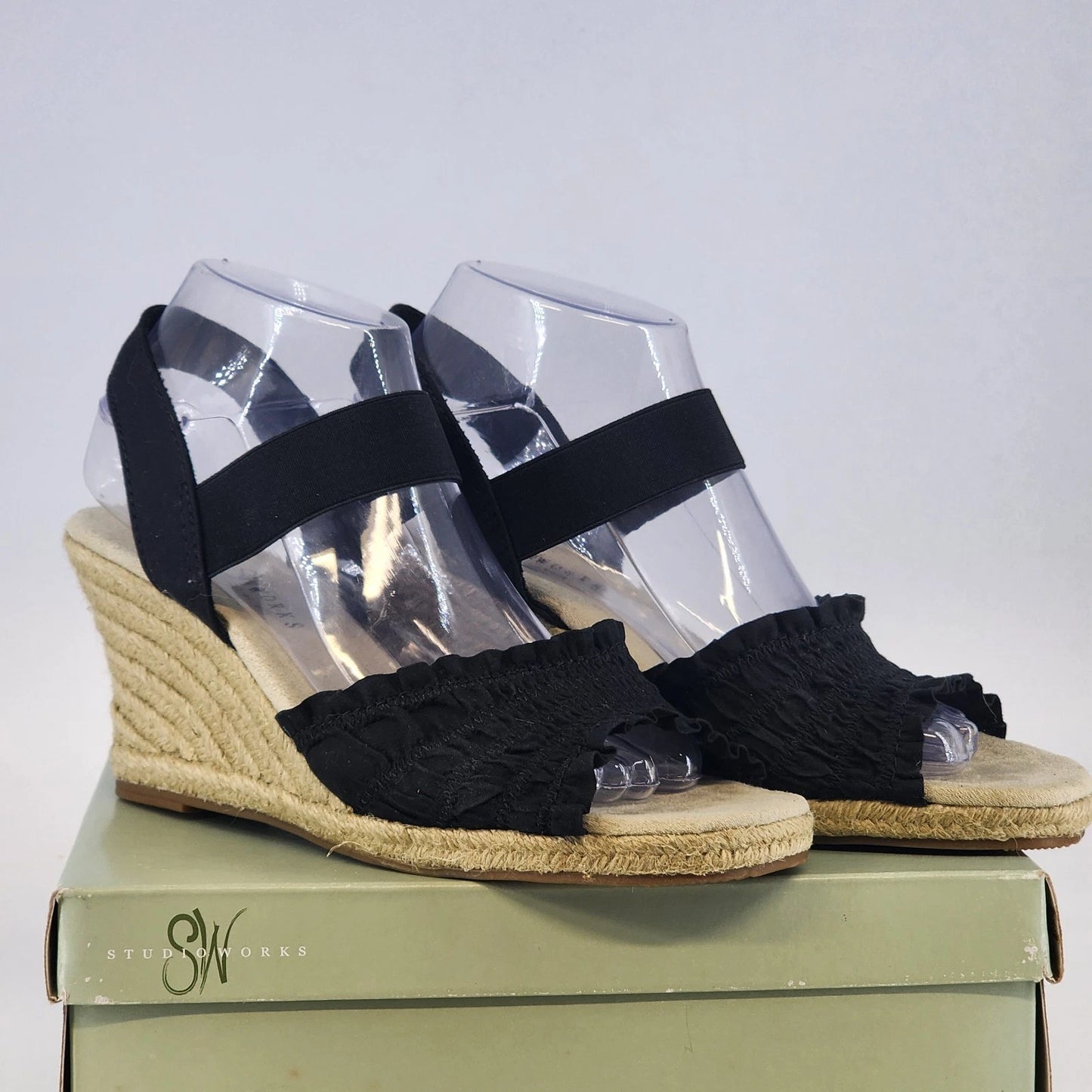 Studio Works St Martin Black Sandals 3.5" Straw Heel Women 9M Tan Insole w Box