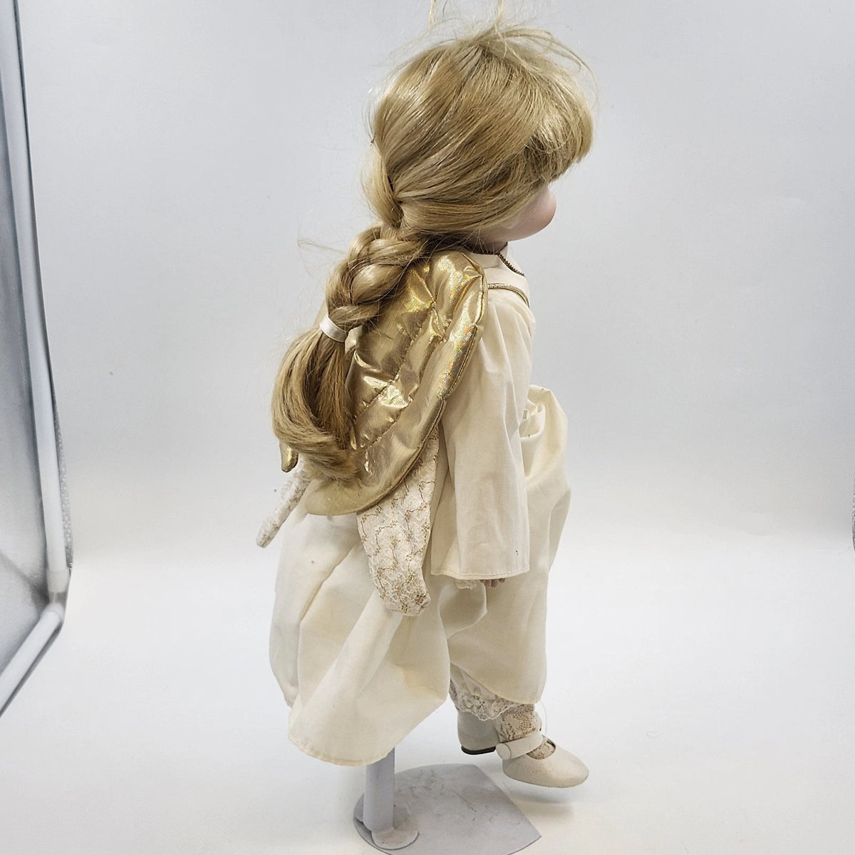 Porcelain Angel Doll Blonde White Robe Gold Wings Cross Stand 17" China Vintage