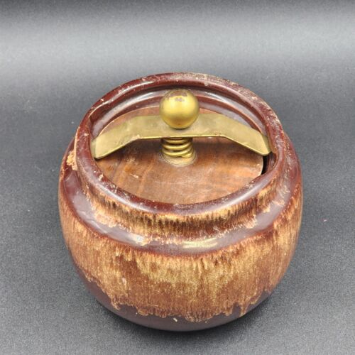 Loose Tobacco Jar Vintage Humidor Brown Ceramic w Wood & Brass Lock and Lid 6"h