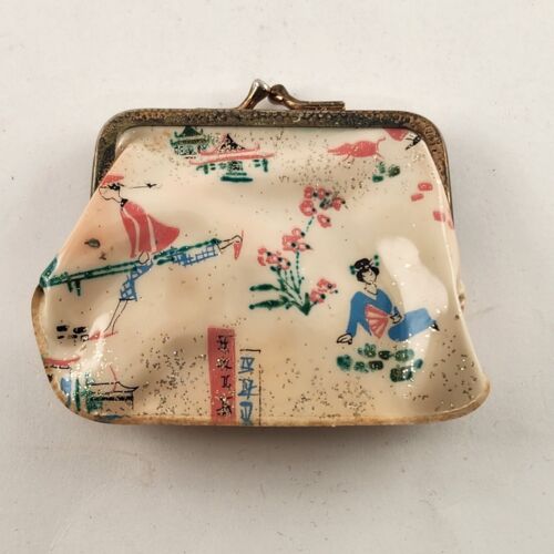 Kiss Top Coin Purse Sparkle Asian Geisha Vintage 1950s Vinyl Change Holder