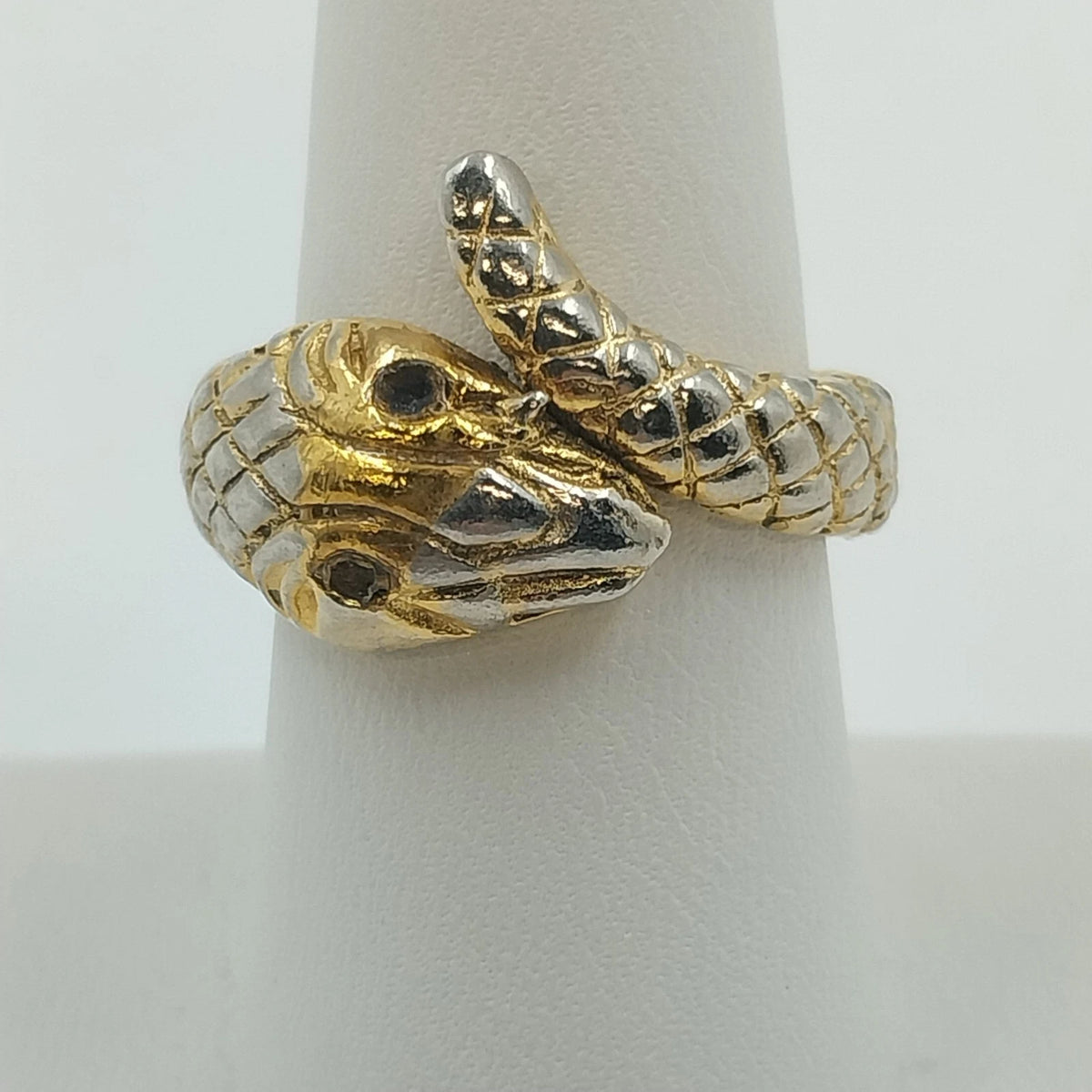 Gold Tone Snake Wrap Bypass Ring Textured Serpent Black Eyes Size 8 Jewelry
