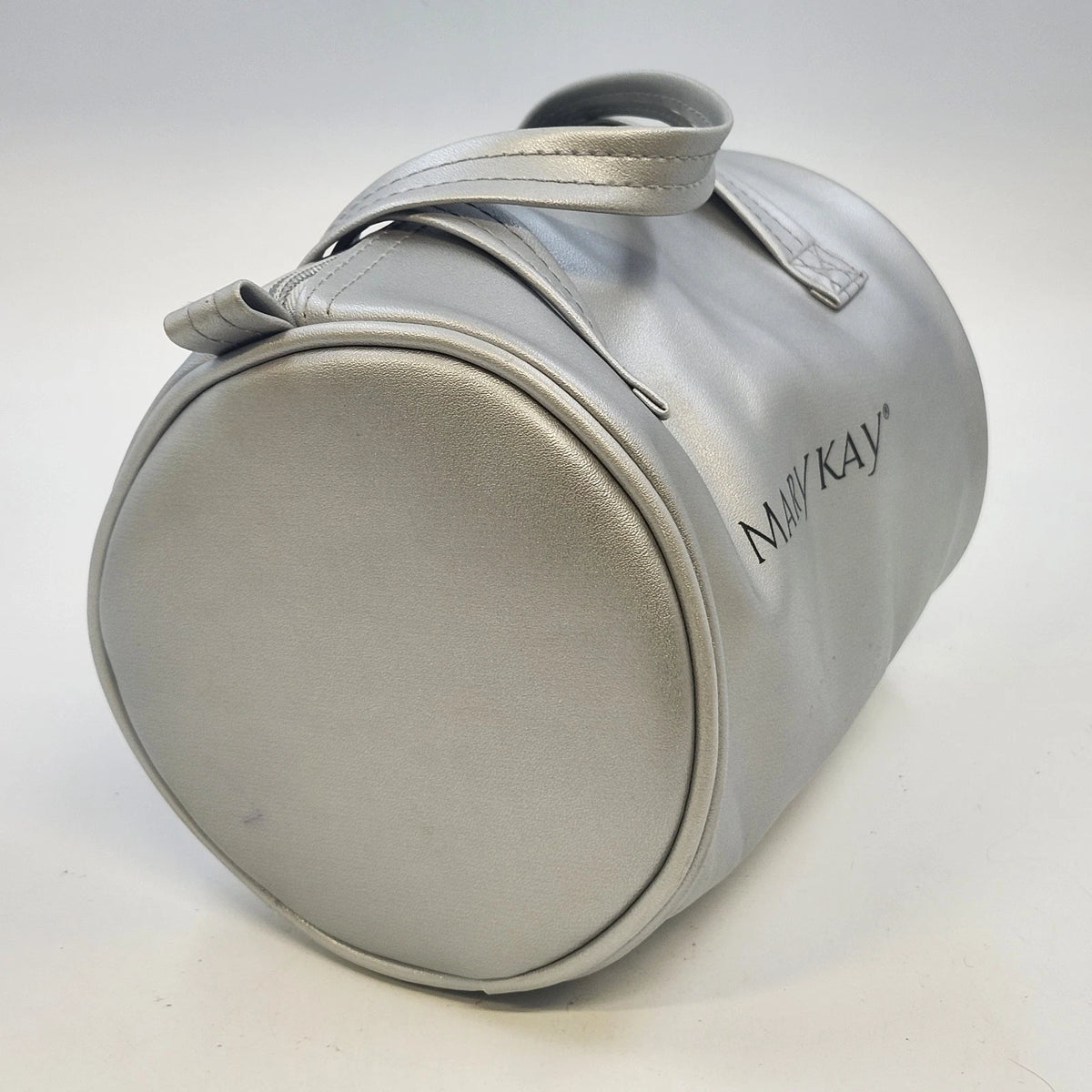 Mary Kay Silver Metallic Cylindrical Cosmetic Makeup Bag 8.5" Travel Case Zipper
