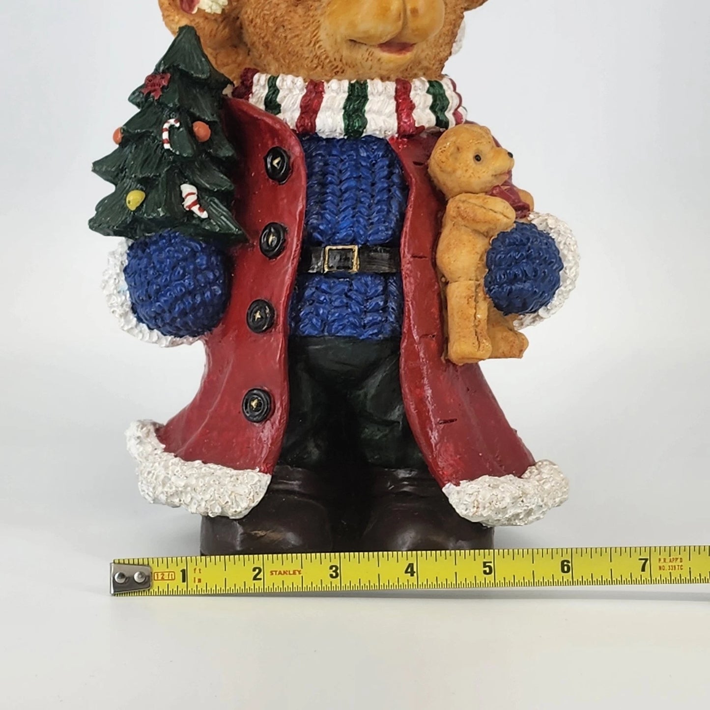 Resin Christmas Teddy Bear Figurine Red Coat Puppy & Tree 11" Holiday Ornament