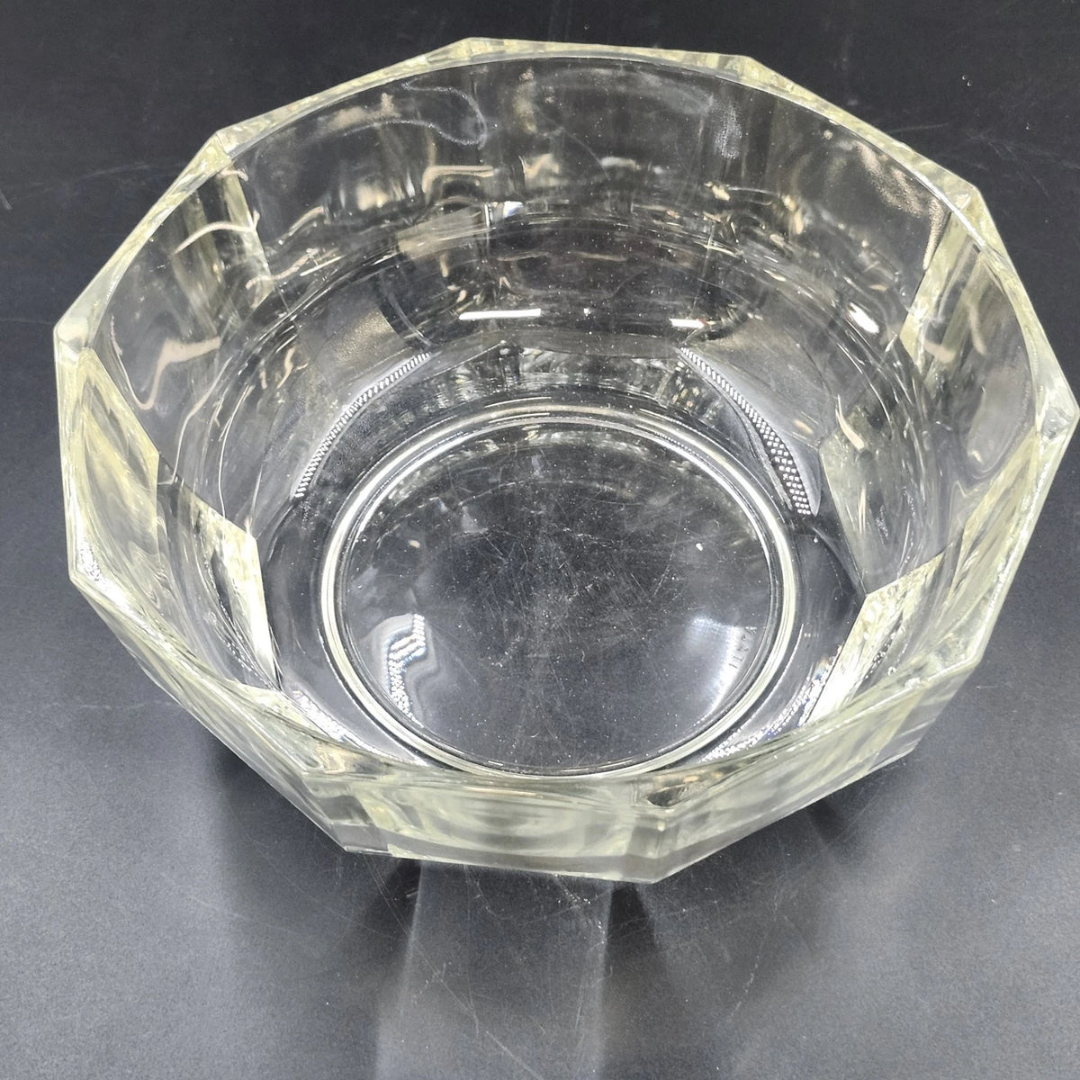 Clear Glass 10 Sided Serving Bowl 8.5" Heavy Paneled Thick Faceted Sides Vtg