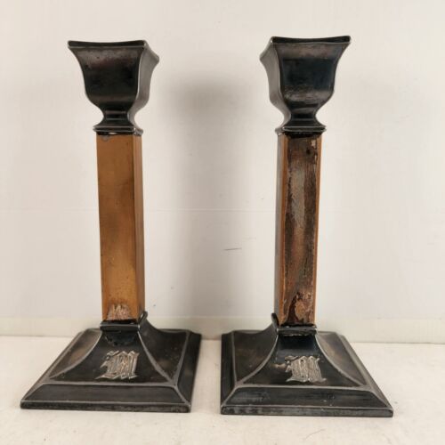 2 Candlestick Holders Brass & Pewter 8" Decorative Taper Foole Silver Monogramed