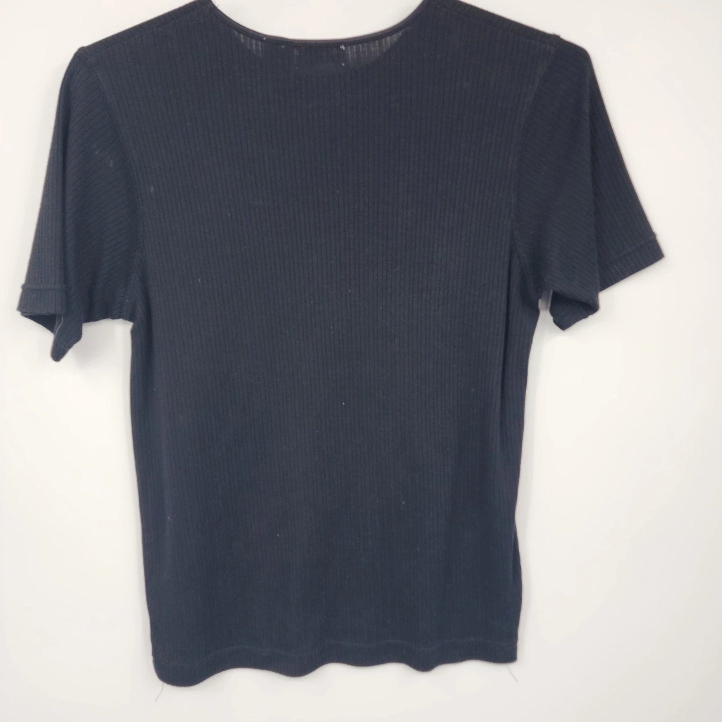 Paul Harris Black Ribbed Knit Top Women's Medium Stretch Short Sleeve Shirt