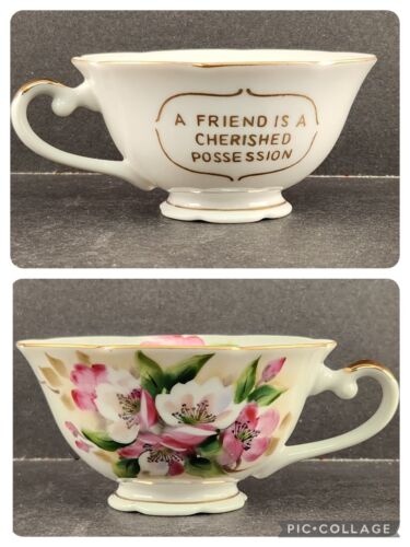 Lefton China Teacup Saucer Hand Painted NE2042 A Friend is Cherished Possession