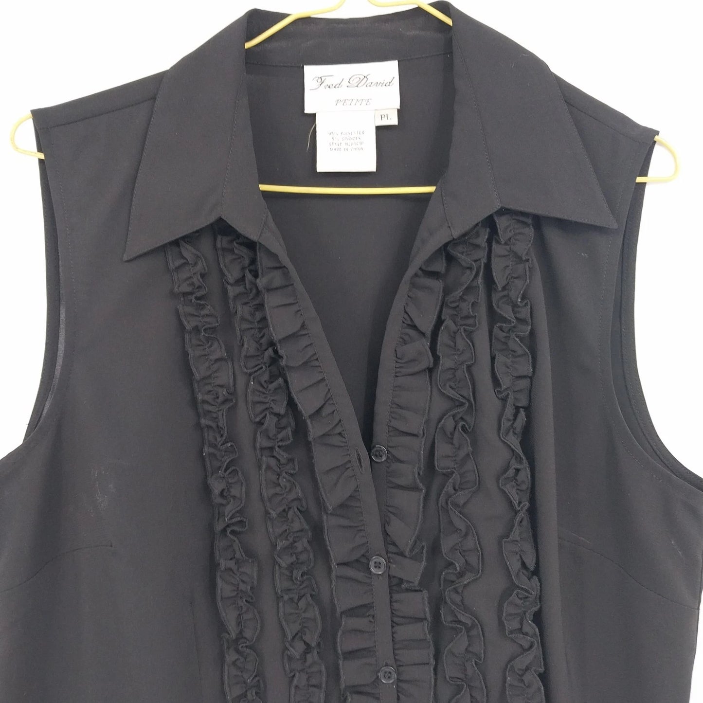 Fred David Black Ruffle Sleeveless Blouse Button Front Womens Petite Large PL