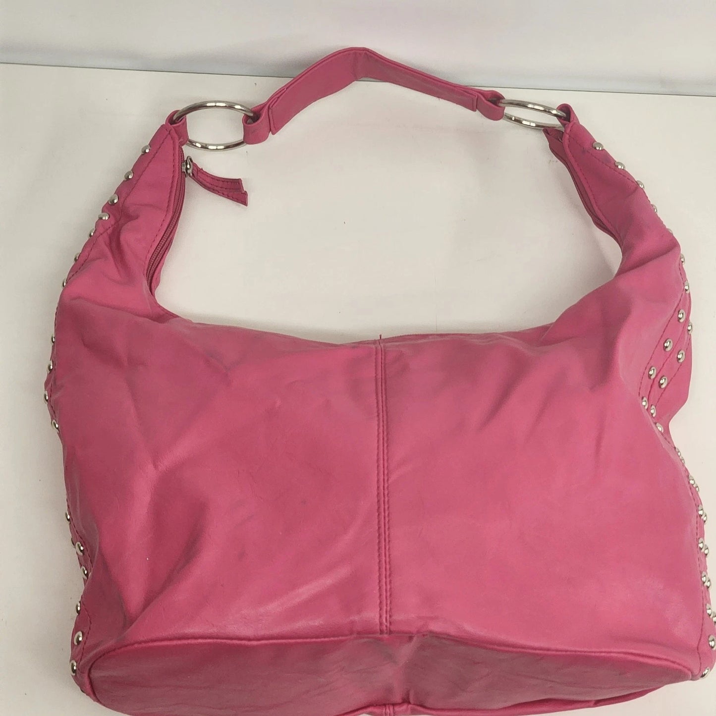 Pink Leather Hobo Bag Studded Hand Shoulder Purse Silver Studs Slouchy 12" Vtg