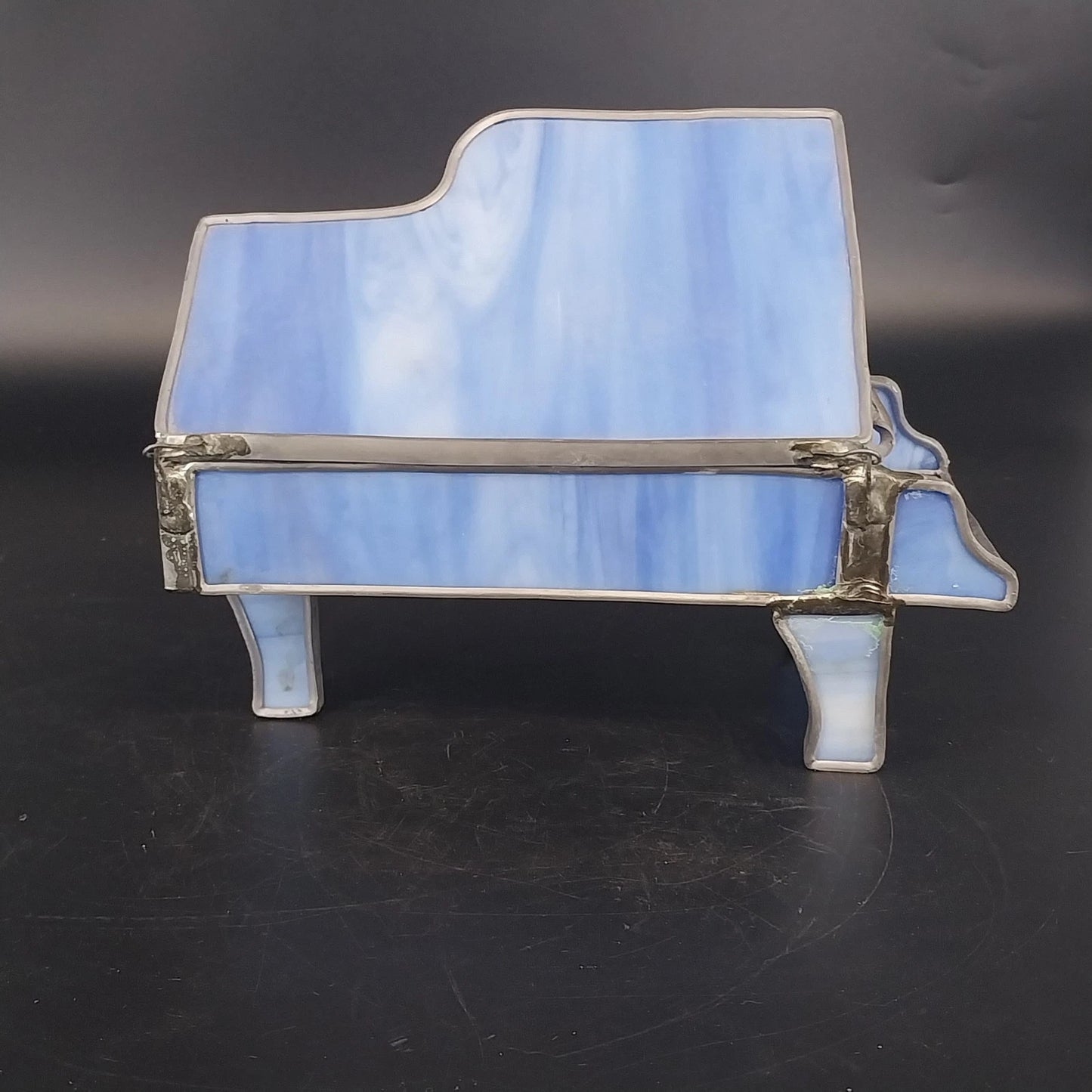 Blue Marbled Stained Glass Grand Piano Trinket Jewelry Box Metal Frame 7" Vtg