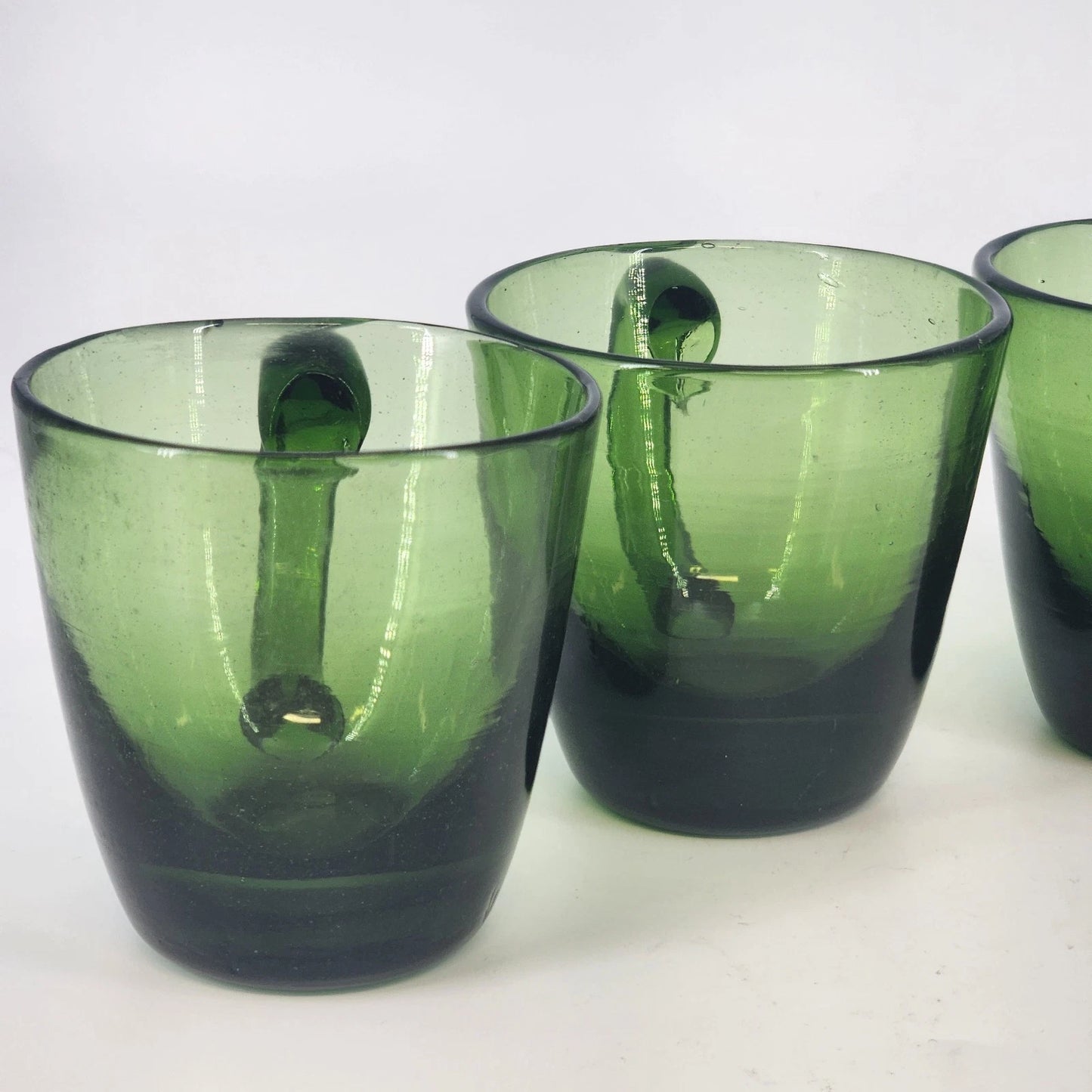 Indiana Glass Cups Avocado Green Blown Art Glass Set of 4 Starburst Base Handle