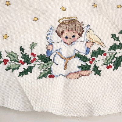 Holly & Angels 42" Round Christmas Tablecloth Counted Cross Stitch Stars