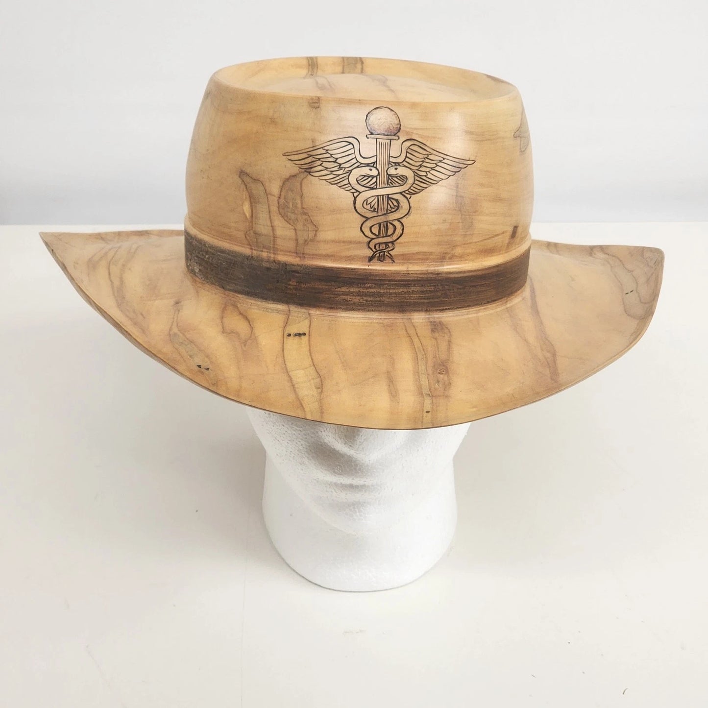 Lathe Turned Wood Cowboy Hat Tan 7-1/8 RW Huey Handcrafted Caduceus Symbol