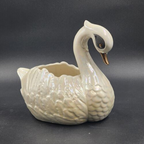 Swan Planter White Iridescent Glazing Black Eyes Gold Beak MCM Vintage 8"h