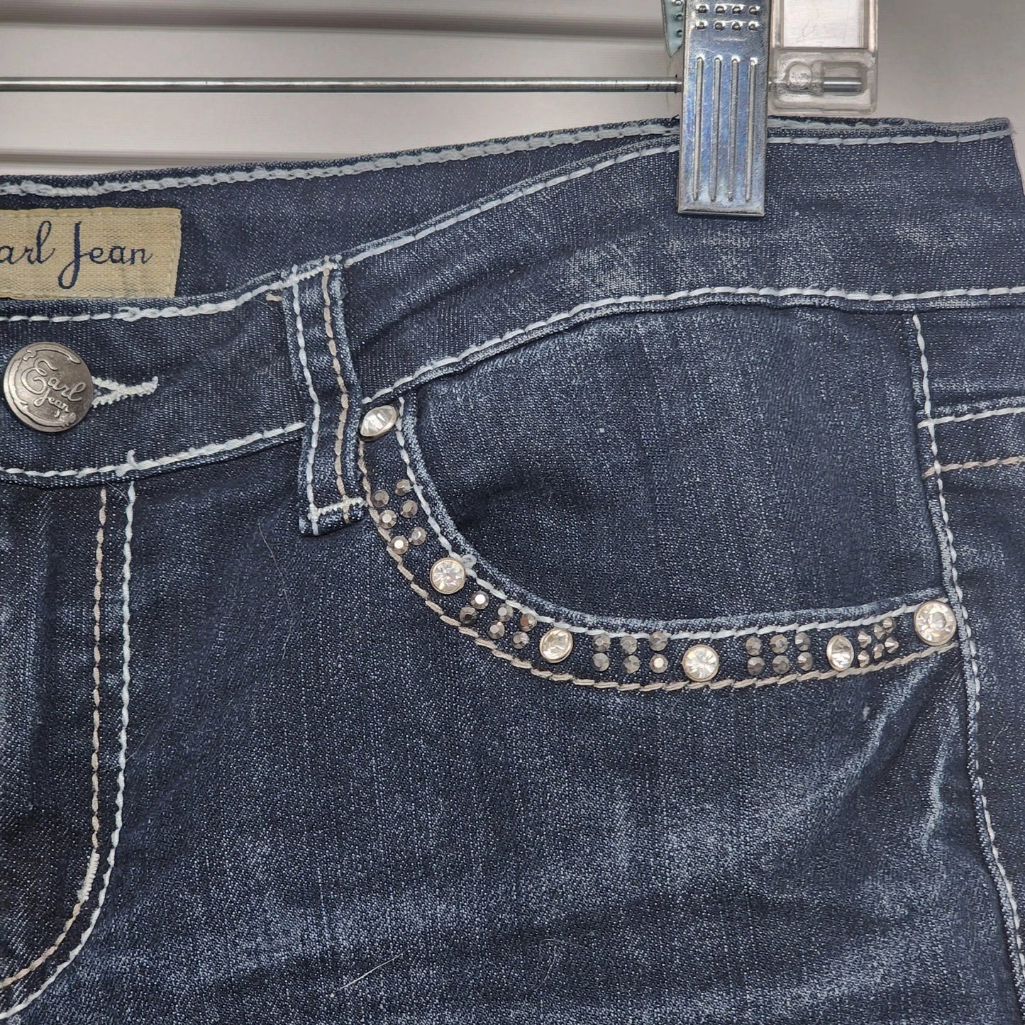 Earl Jean Women's Denim Jeans Dark Blue Bedazzled Rhinestone Pockets Inseam 31"
