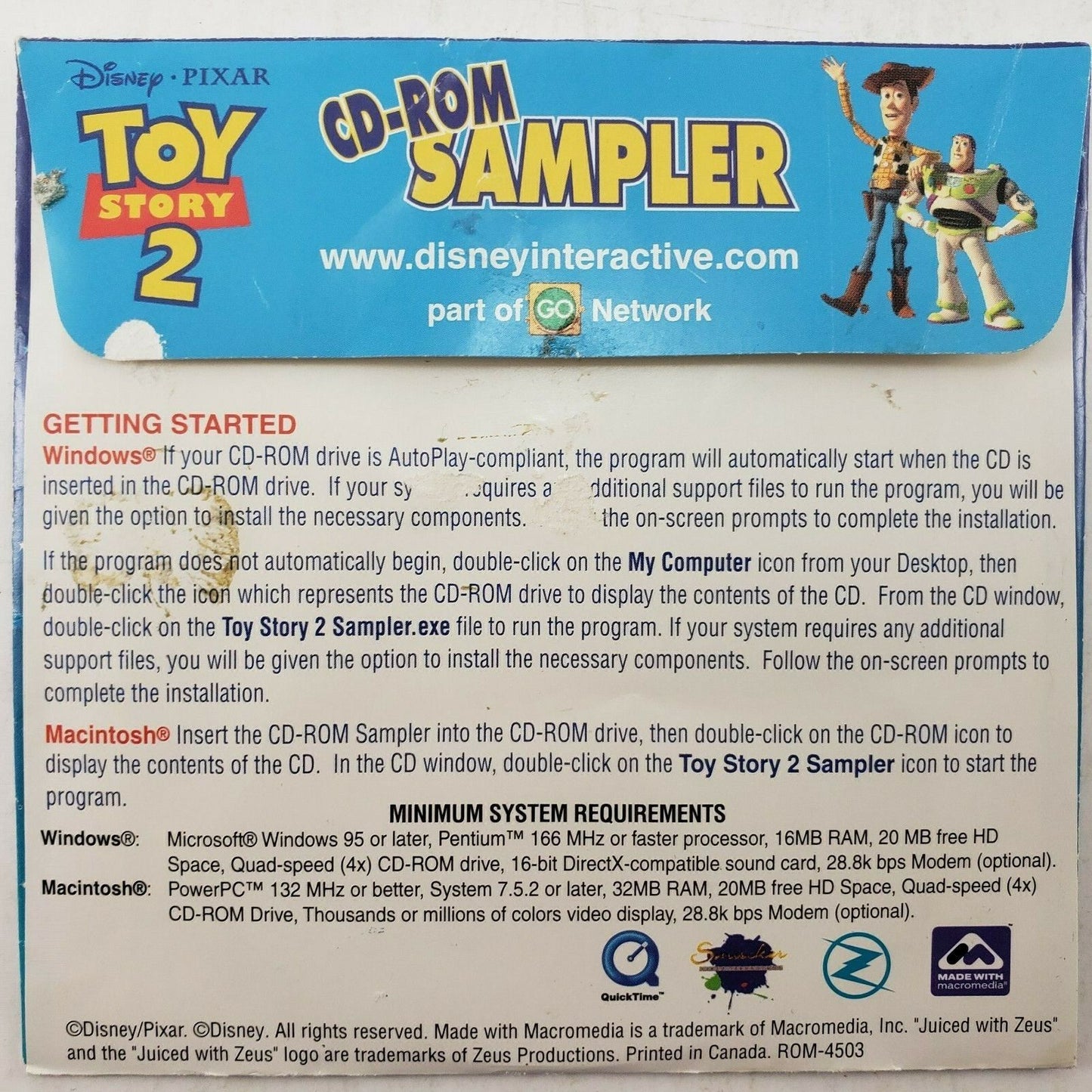 Toy Story 2 CD ROM Sampler 1999 Disney Interactive Rare Disk