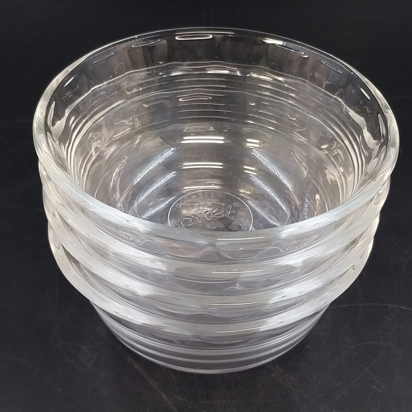 Pyrex 464 Clear Glass Custard Baking Bowls 4 Pcs Scalloped 3 Ring 10 oz USA Vtg