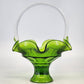 Vintage Viking Art Glass Pedestal Basket Green Ruffled Edge Applied Handle Mid Century Hand Blown Glass