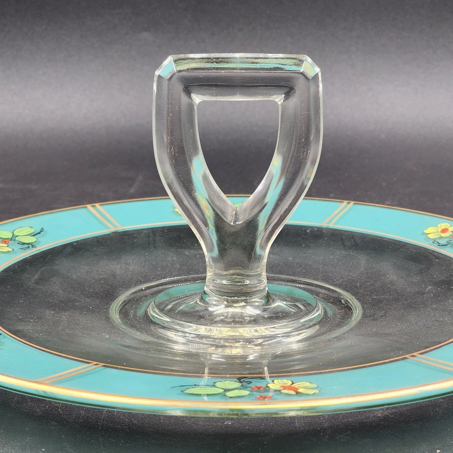 Reverse Painted Glass Tidbit Tray French cottage tableware Blue 11" MCM Server