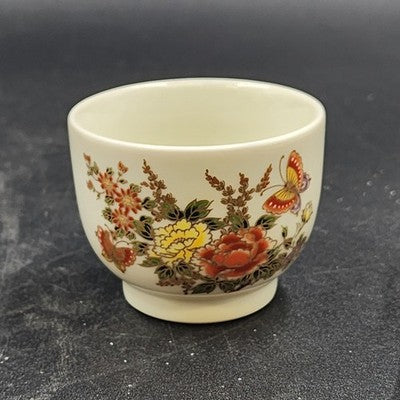 Teapot Set 4 Cups OMC Japan Butterflies Various Flowers w Rattan Handle Vintage