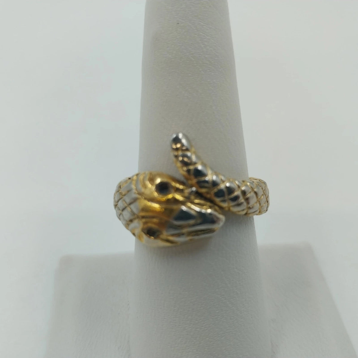 Gold Tone Snake Wrap Bypass Ring Textured Serpent Black Eyes Size 8 Jewelry