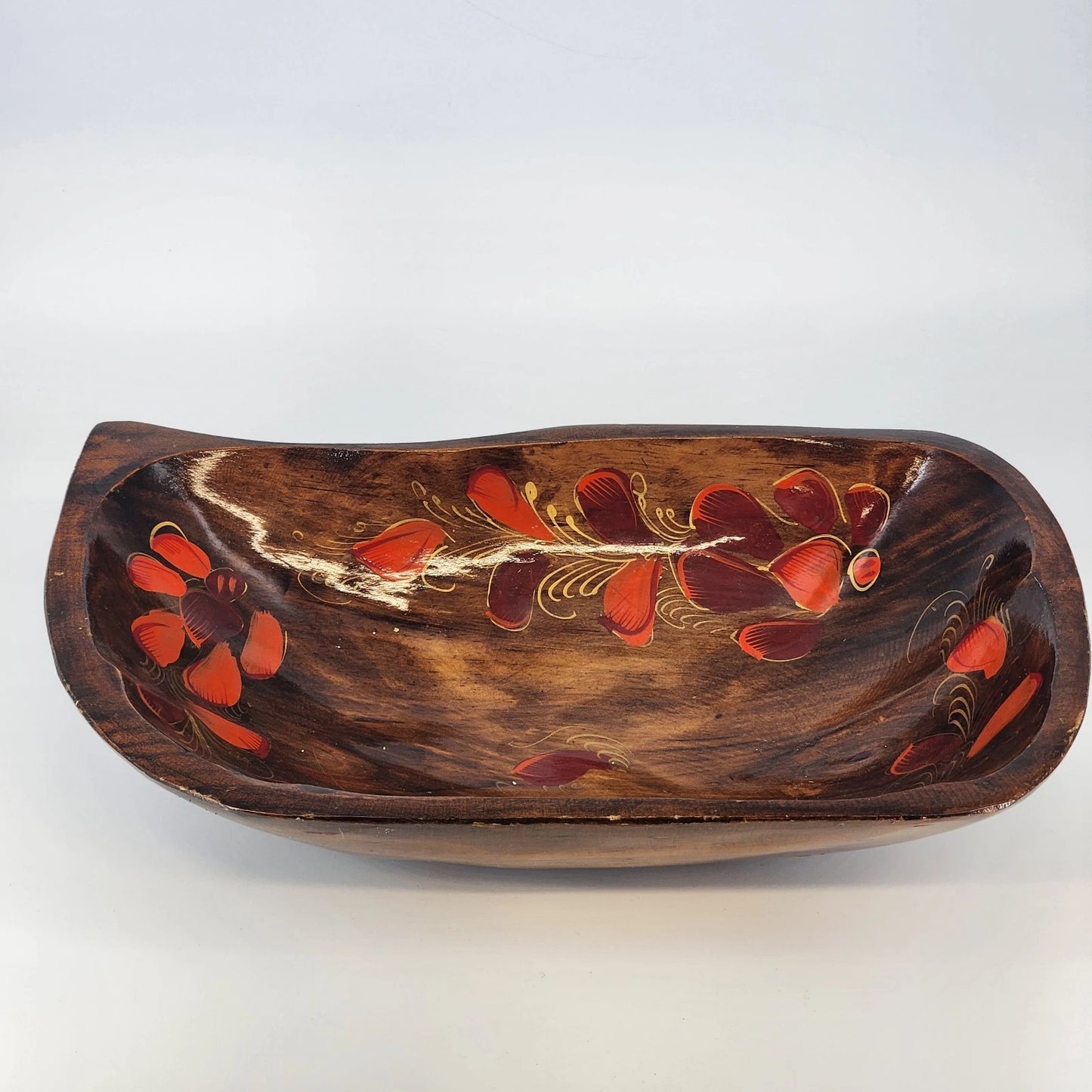 Hand Carved Wood Bowl Floral Lacquered 16" Large Organic Centerpiece 1980's Vtg