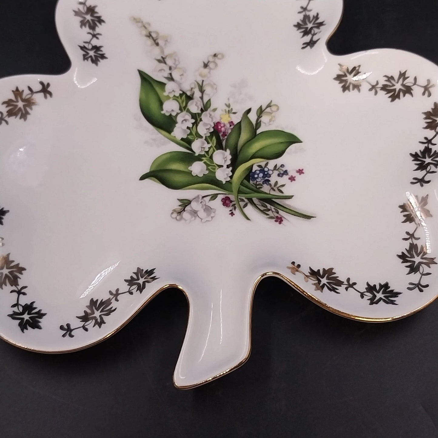 Handmade Czech Porcelain Clover Plate Lily of the Valley Gold Trim Trinket Dish