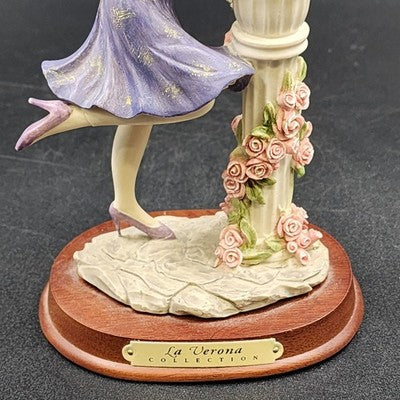 La Verona Collection Lady Figurine Purple Dress Flirty Pose Statue Wood Base Vtg